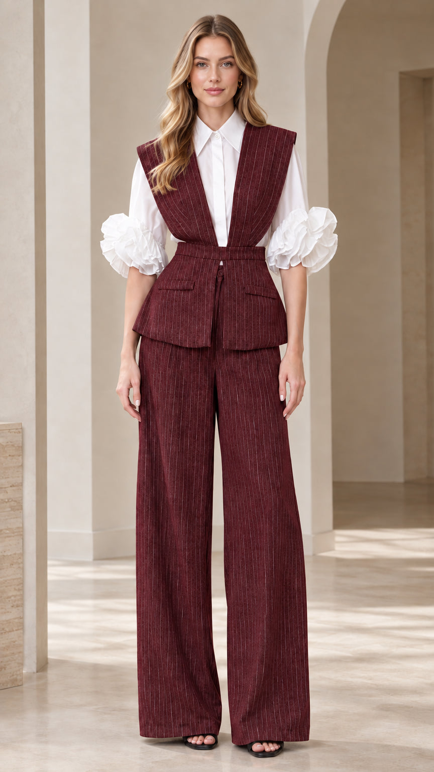 Women's burgundy wine red pinstripe suit set with vest and pants