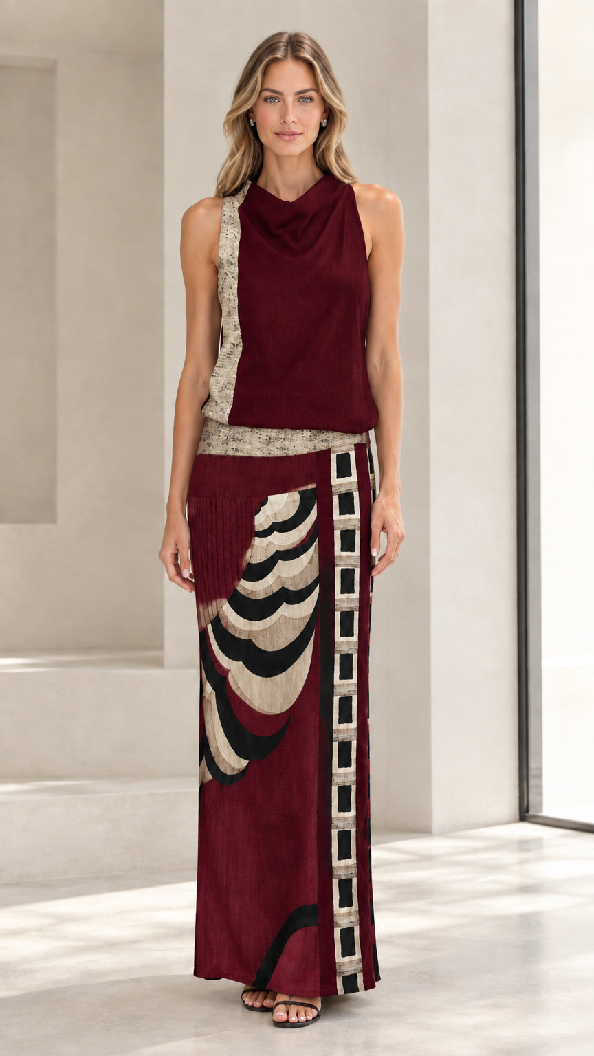 Front full-length view of model wearing burgundy red sleeveless cowl neck abstract maxi dress