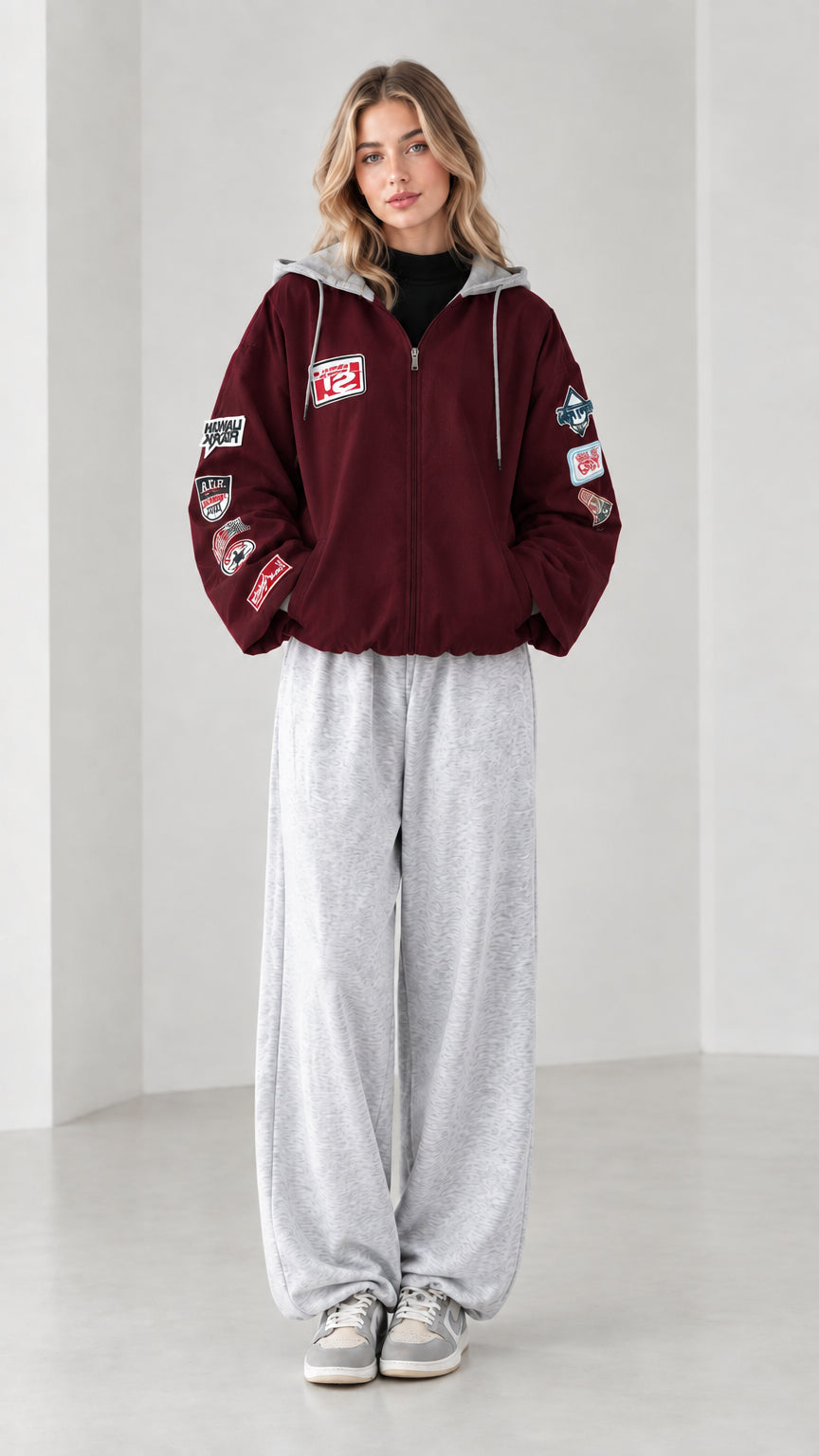 Front full view of burgundy wine zip-up hooded bomber jacket with sleeve patches