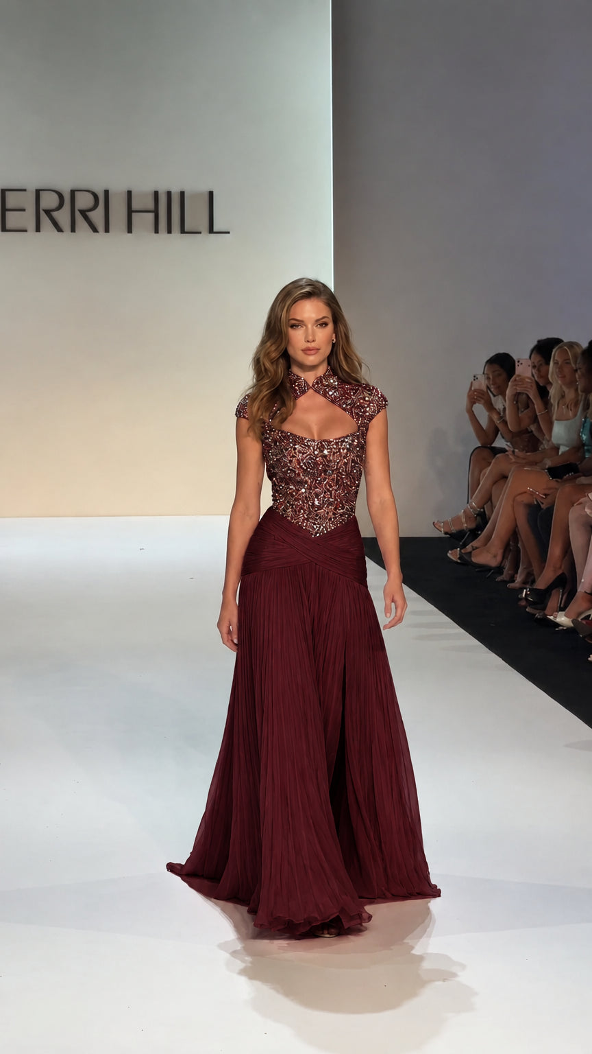 Model in Burgundy wine embellished floor-length evening gown