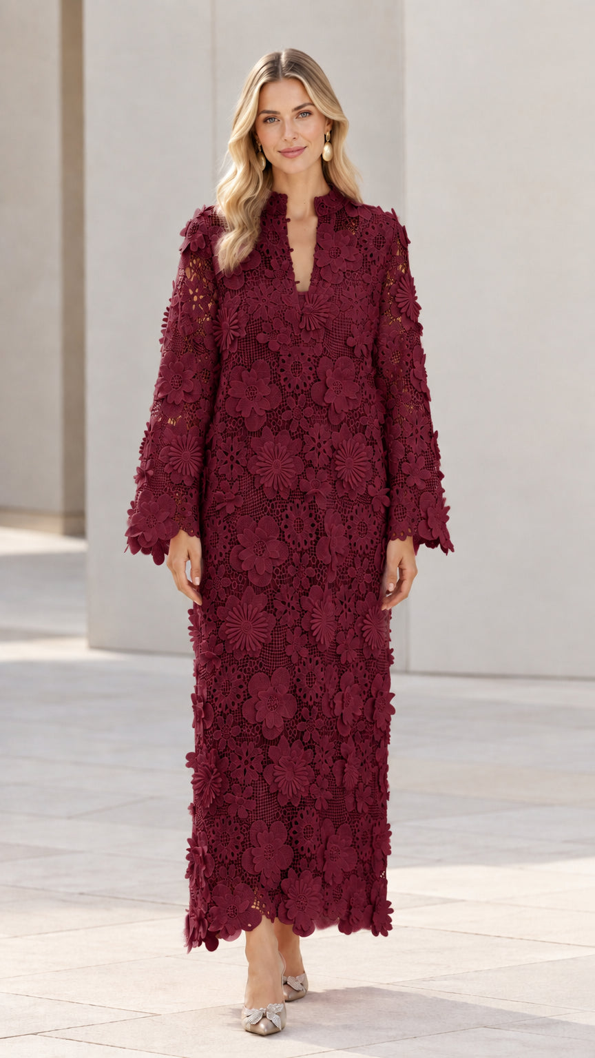 Full-length front view of woman wearing Burgundy wine floral lace maxi dress