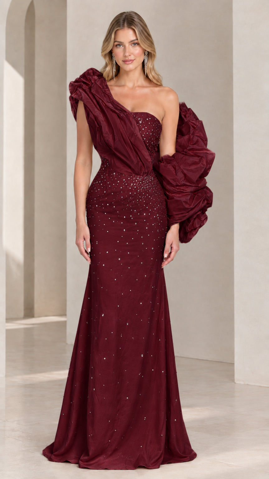 Burgundy wine red embellished one-shoulder floor-length gown