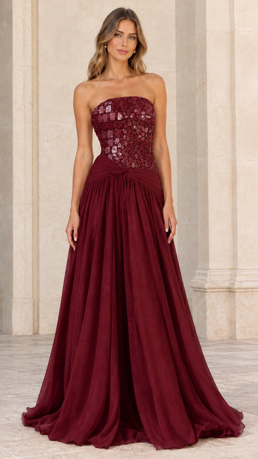 Front view of strapless embellished evening dress in Burgundy
