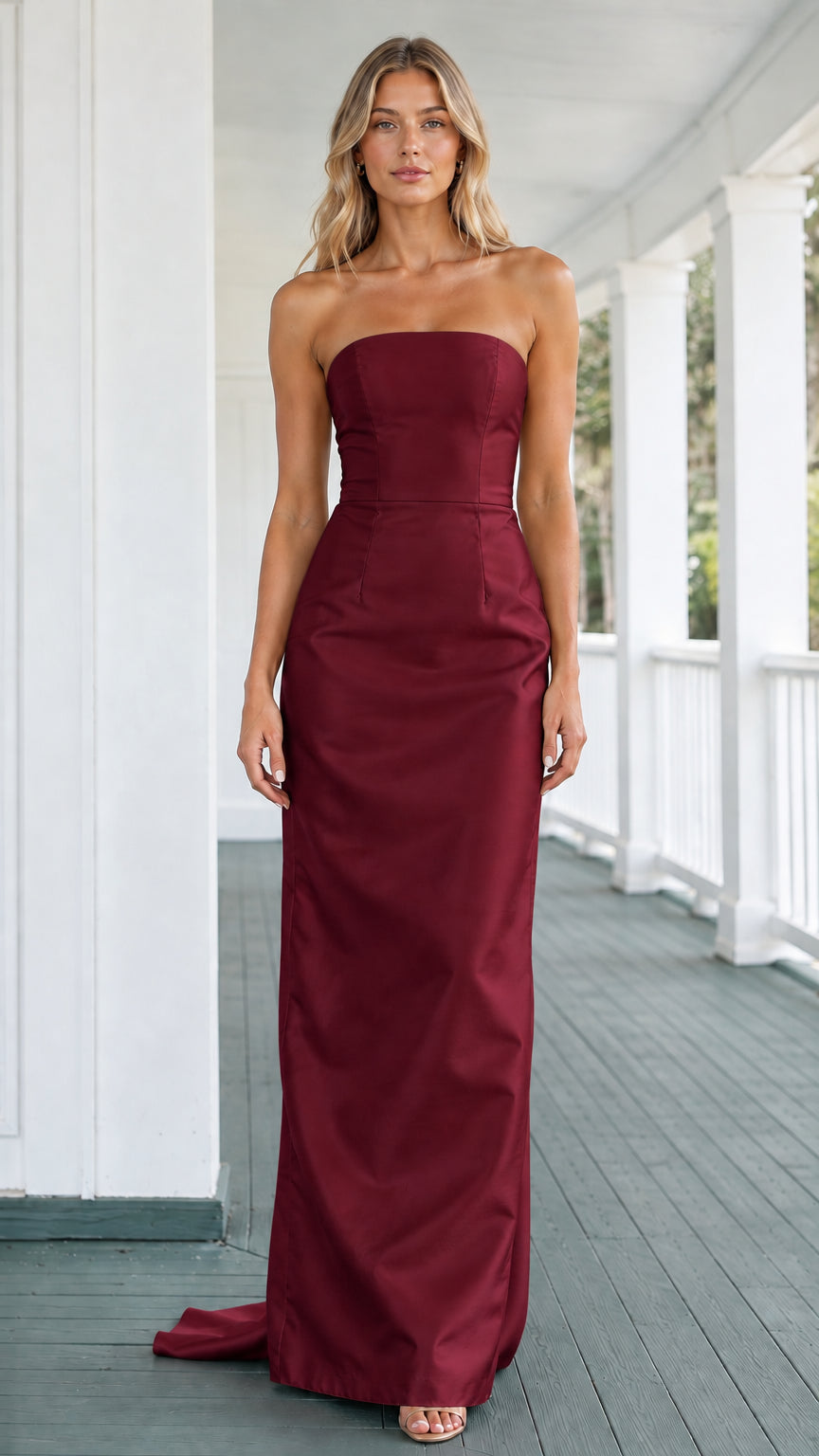 Model wearing burgundy strapless satin formal maxi dress