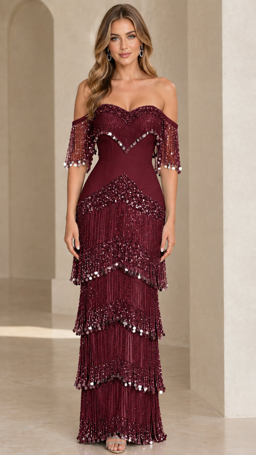 Full-length view of burgundy wine off-the-shoulder beaded fringe evening dress