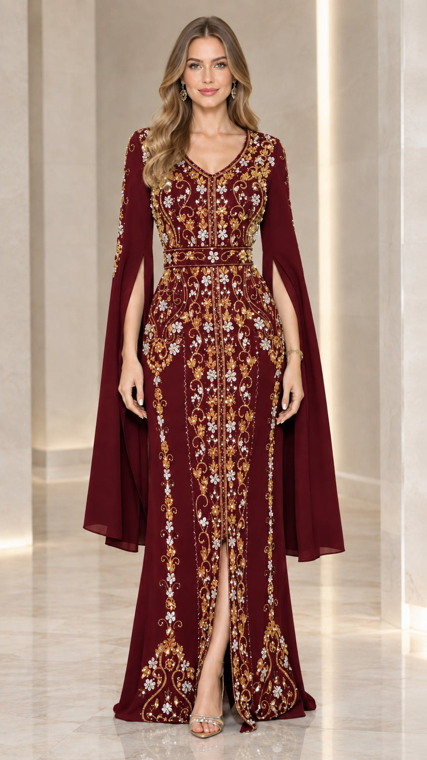 Model wearing burgundy red embroidered cape sleeve evening gown