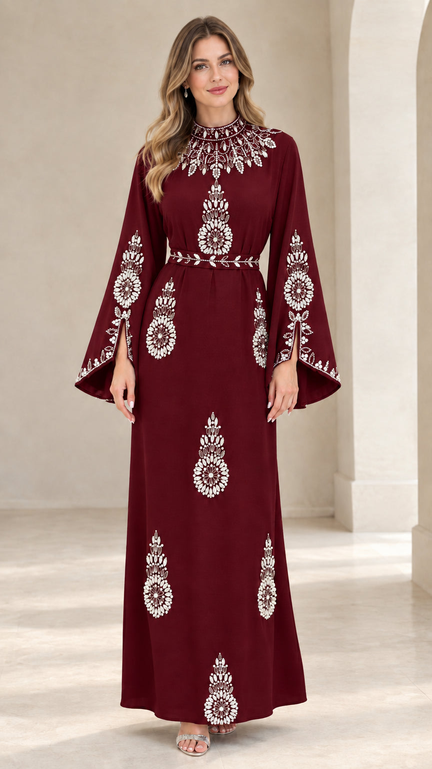 Front view of woman wearing burgundy wine red rhinestone embellished maxi dress