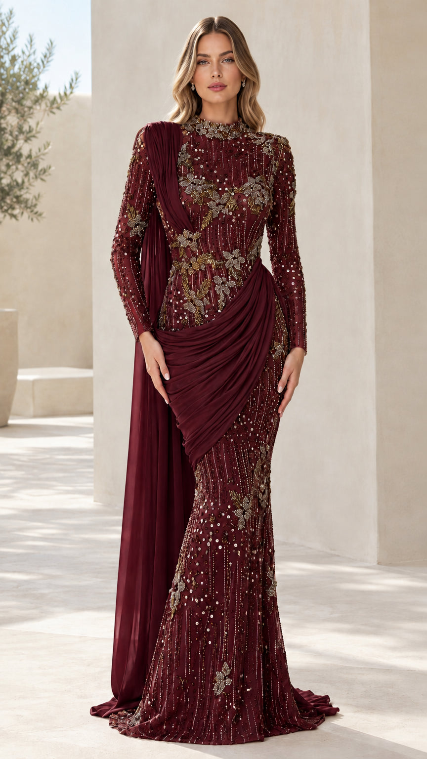 Full front view of burgundy sequin formal gown with draped sash