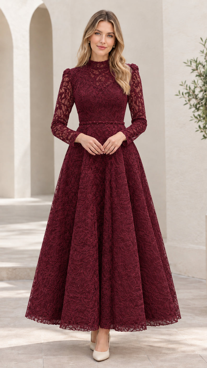 Front view of woman wearing burgundy wine red floral lace long sleeve maxi dress