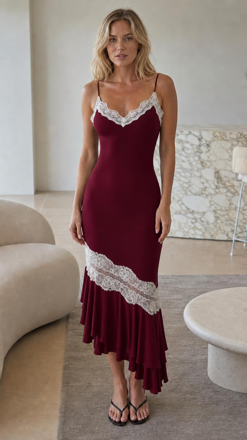 Front view of model wearing the burgundy lace-trim slip midi dress