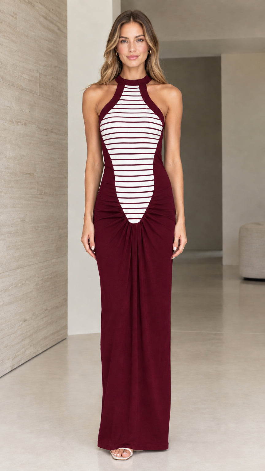 Full front view of burgundy wine red striped spliced halter neck maxi dress