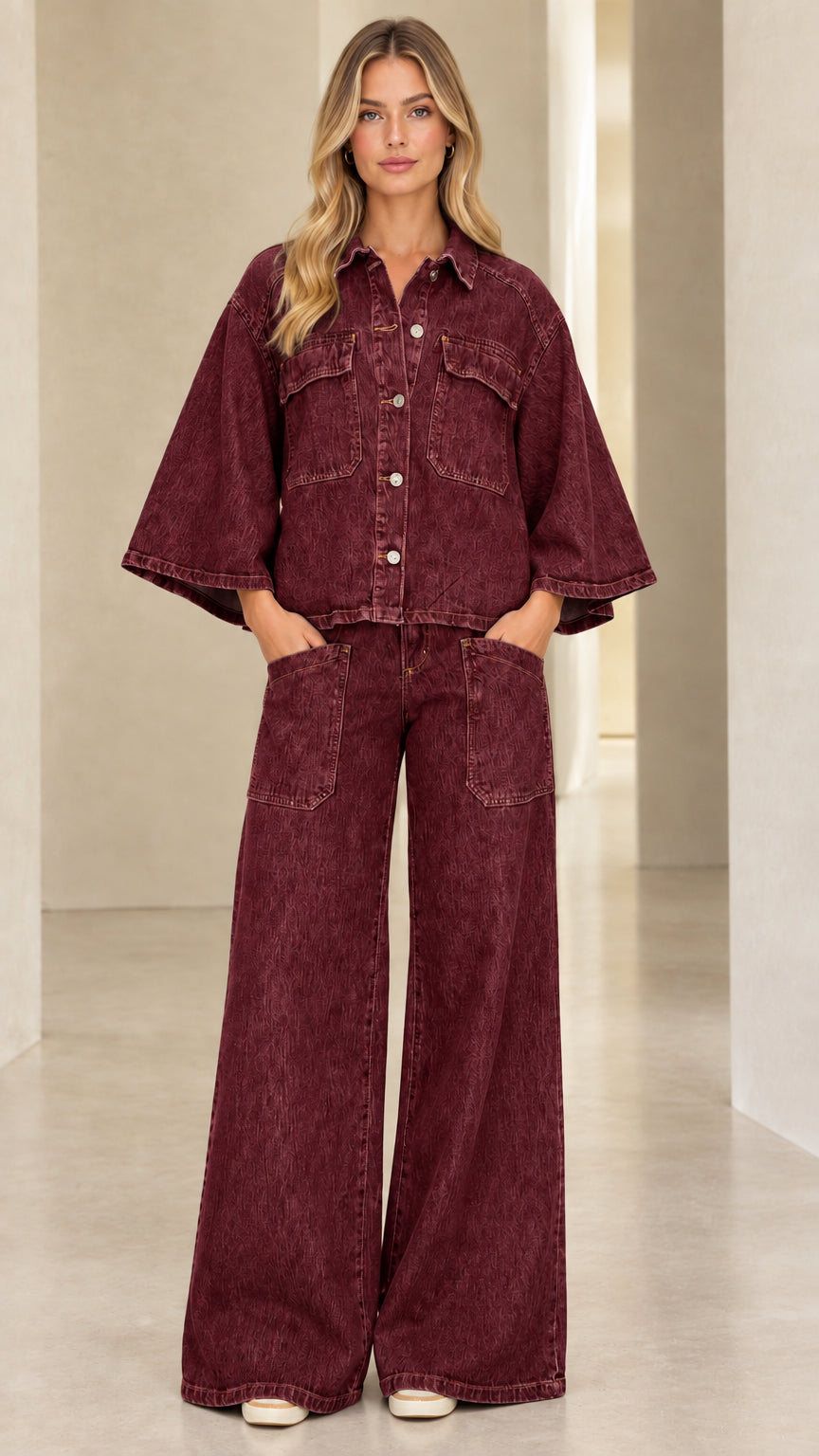 Full-length view of model wearing Burgundy denim matching two-piece set