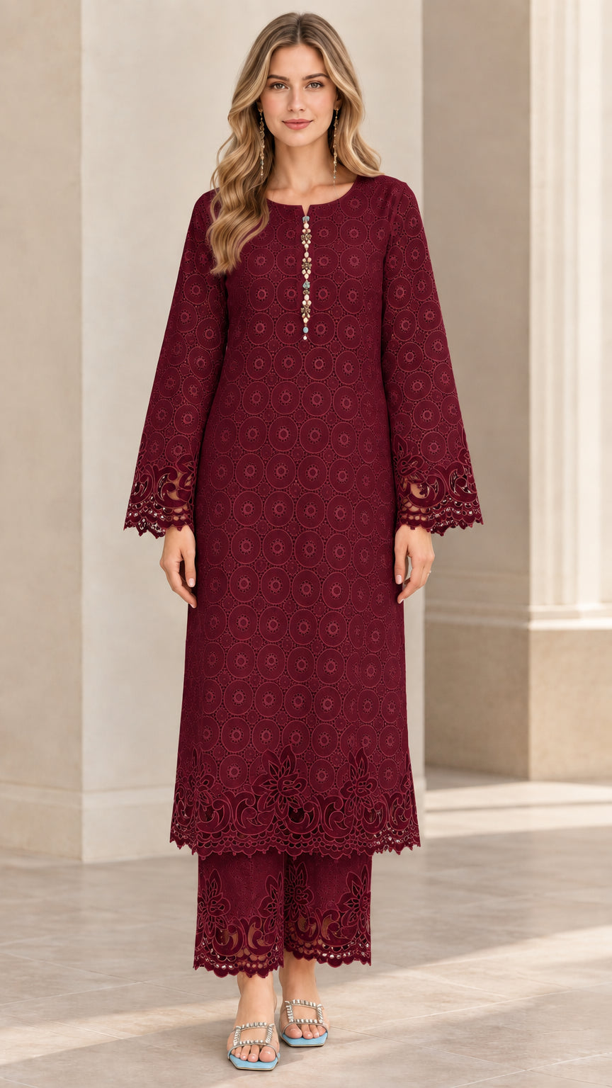 Front view of woman wearing burgundy wine eyelet lace tunic and pant coordinated set