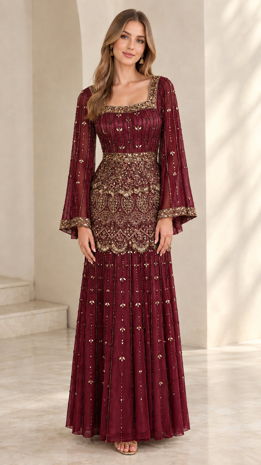 Model wearing burgundy wine beaded square neck evening dress
