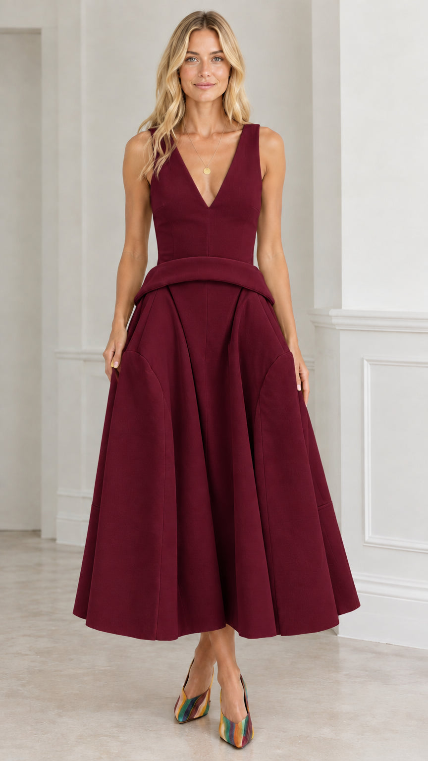 Front view of burgundy wine sleeveless pleated A-line midi dress
