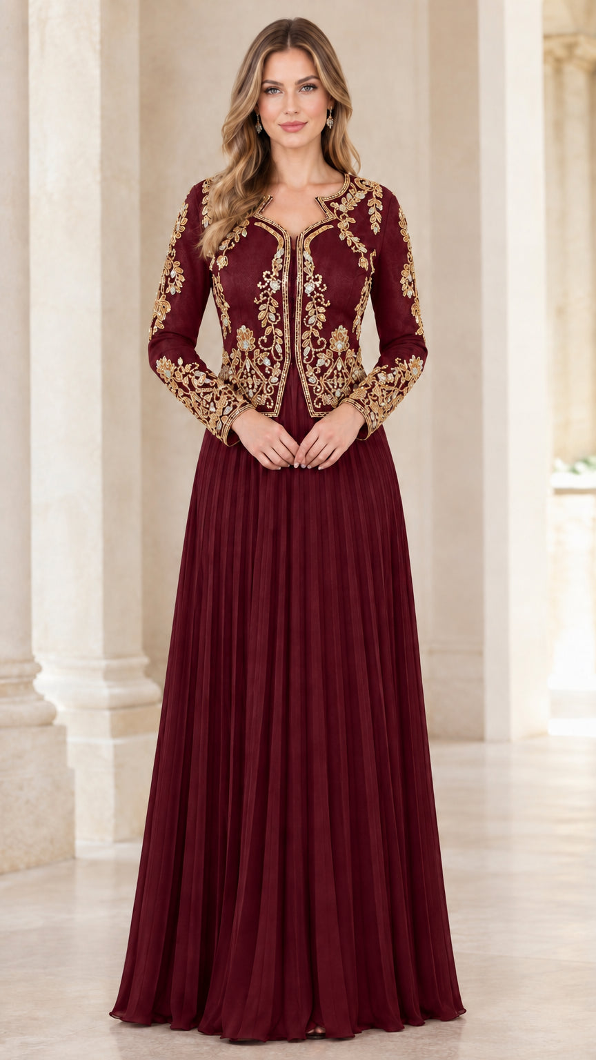 Burgundy wine red formal evening dress set with gold embroidered jacket