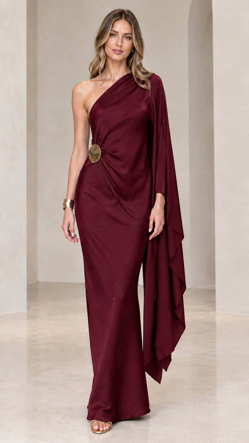 Burgundy wine red asymmetrical one-shoulder satin maxi evening dress