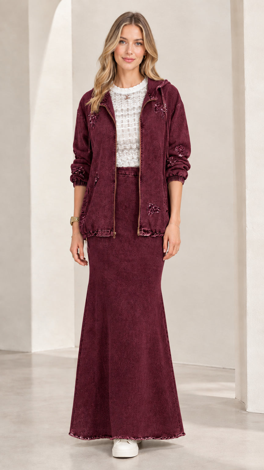 Front view of model wearing Burgundy hooded denim jacket and maxi skirt set
