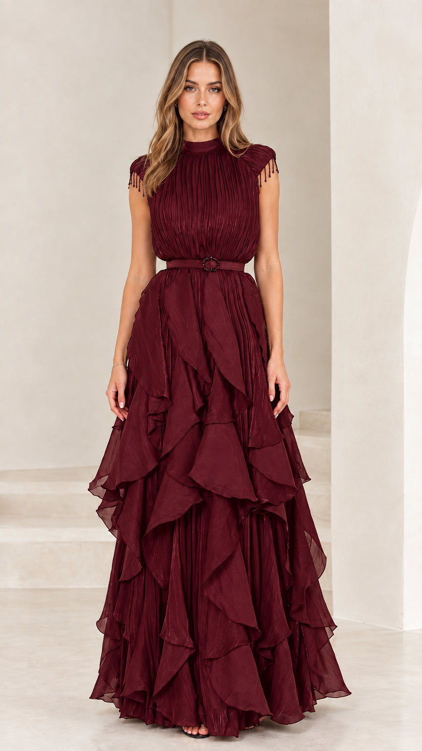Front view of burgundy wine pleated tiered ruffle evening gown