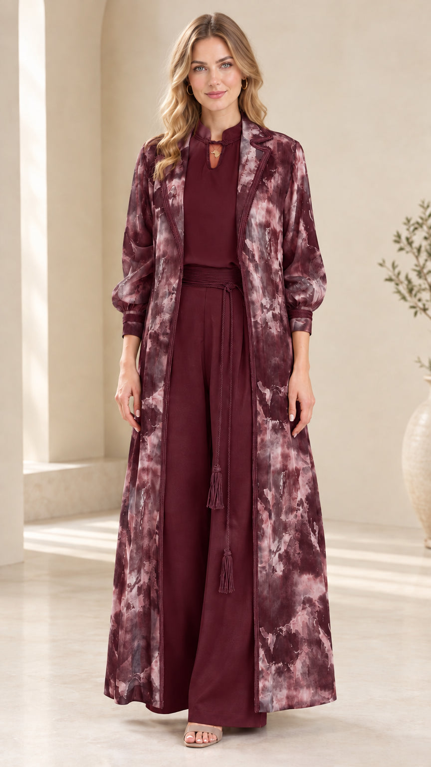 Front view of burgundy wine watercolor duster and pant set