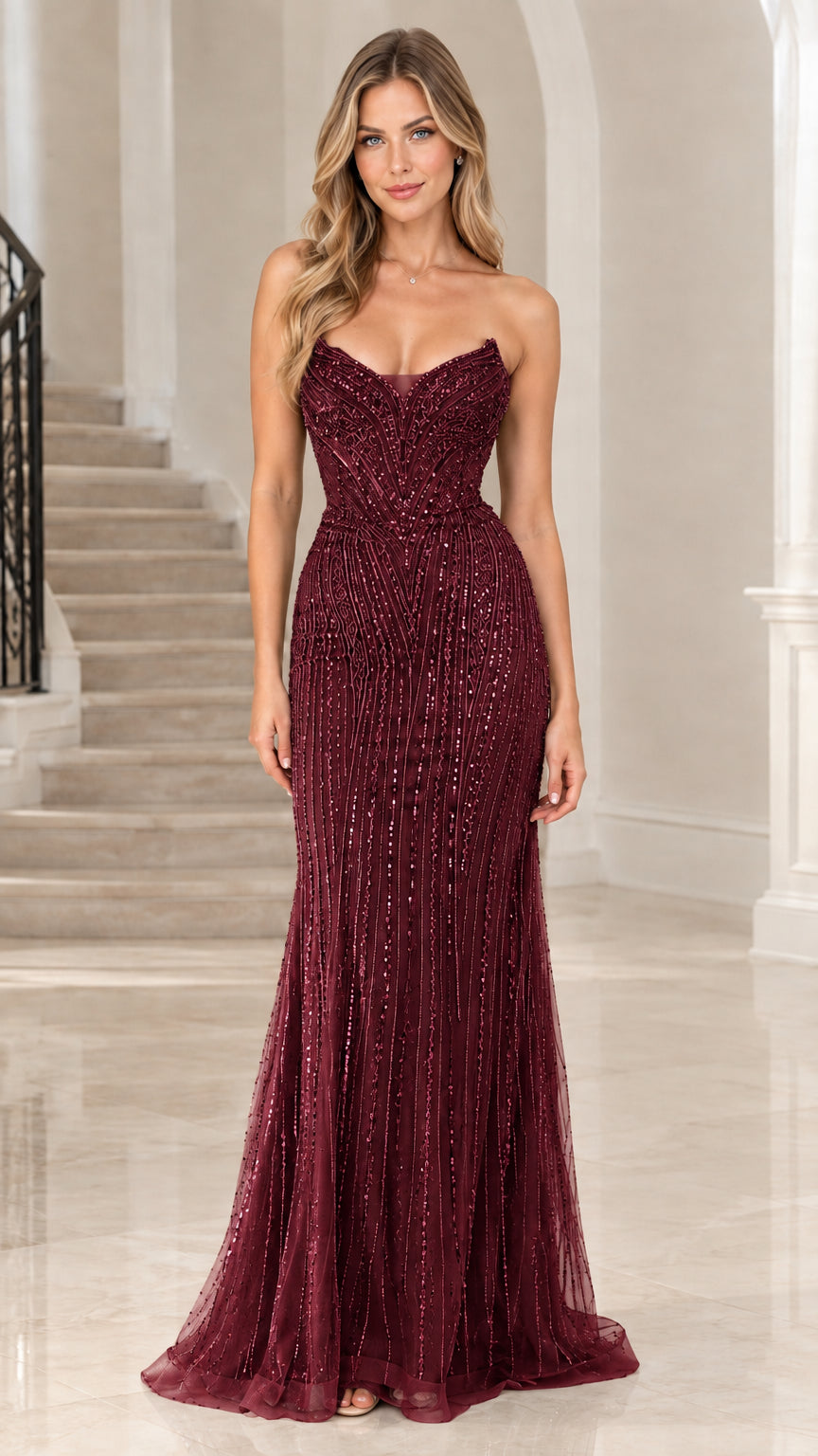 Full front view of burgundy wine strapless beaded evening gown on model