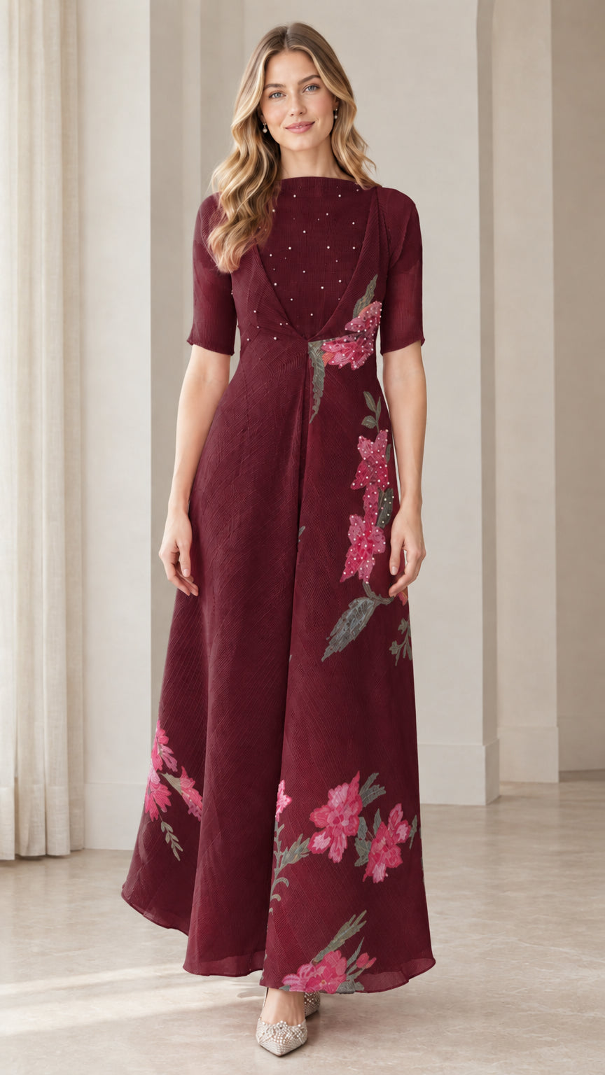 Front view of burgundy wine red floral embroidered floor-length dress