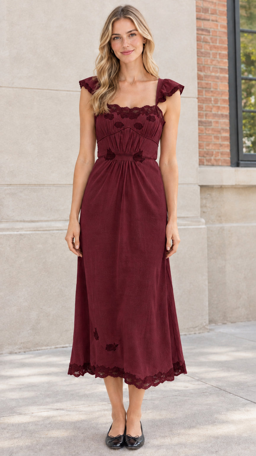 Model wearing Burgundy vintage lace trim midi dress
