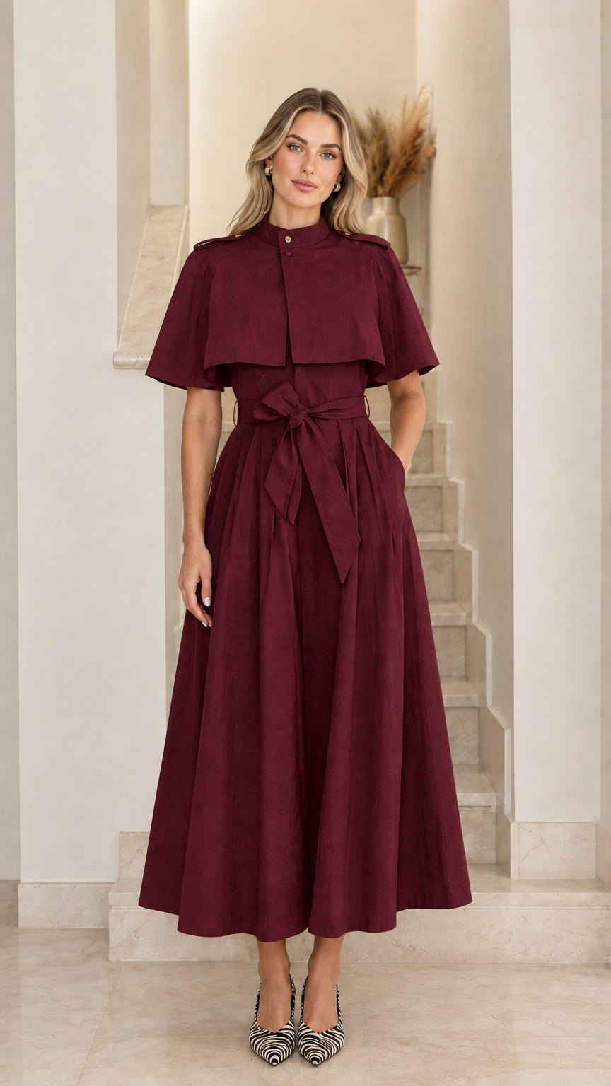 Model wearing burgundy capelet midi trench dress with tie belt