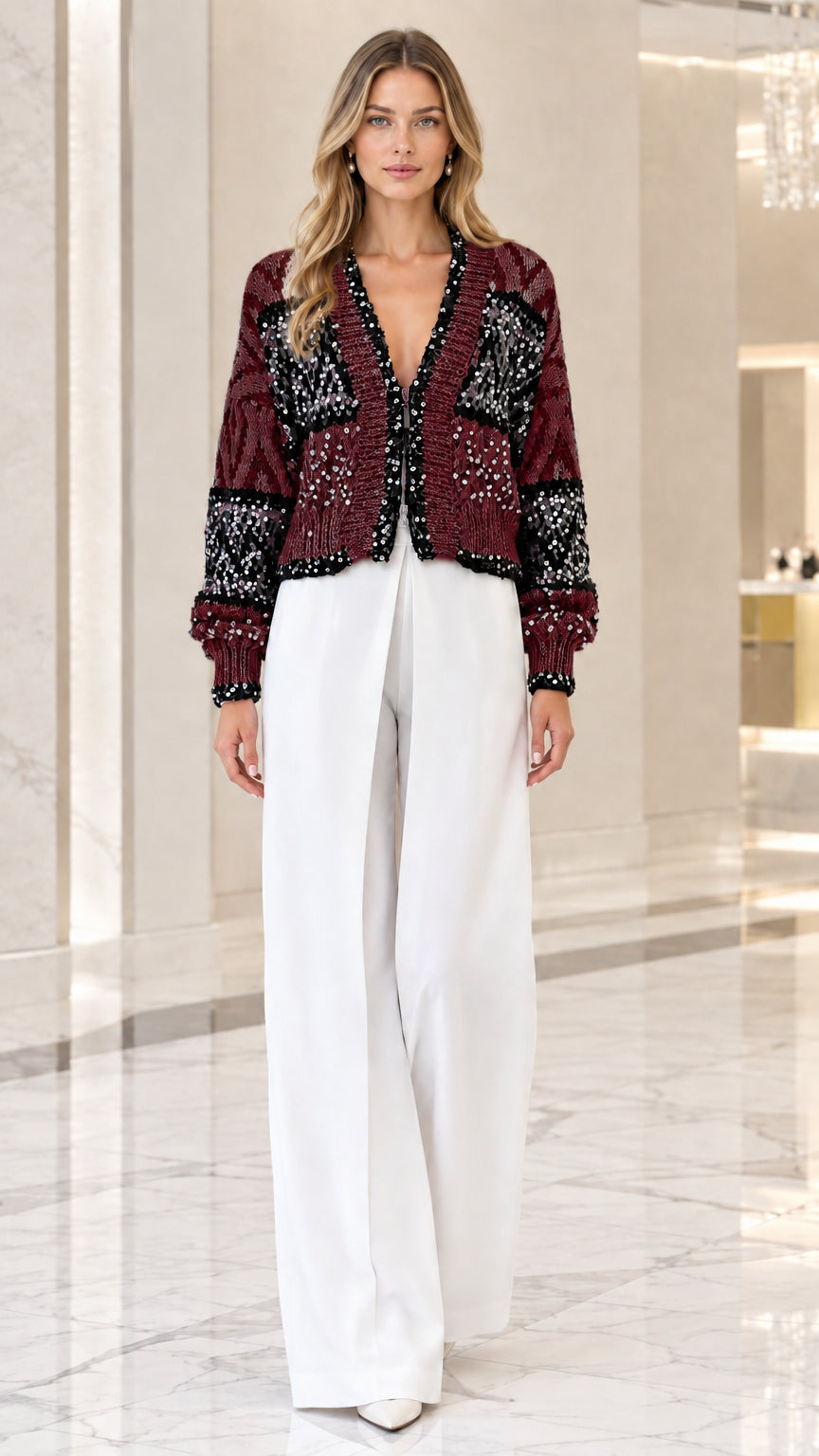 Model wearing burgundy wine red sequin embellished knit cardigan front view