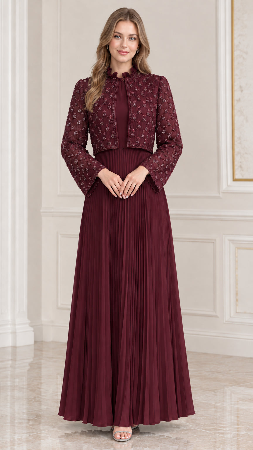 Burgundy wine red formal pleated dress set with embroidered beaded jacket