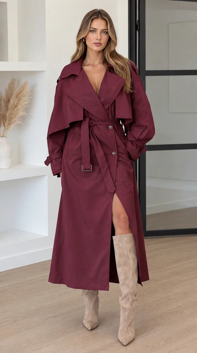 Front view of woman wearing Burgundy wine-colored oversized maxi trench coat with belt