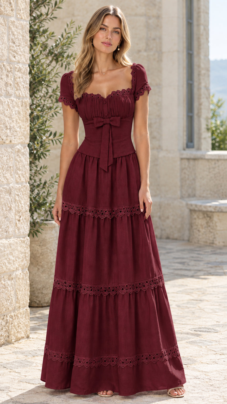Full-length view of woman wearing burgundy lace trim tiered maxi dress