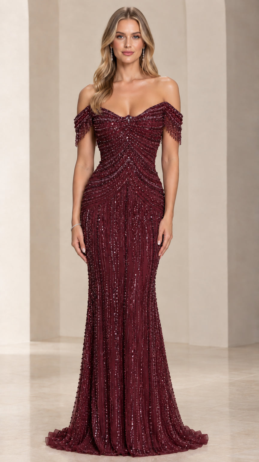 Burgundy wine off-the-shoulder beaded evening gown with fringe details