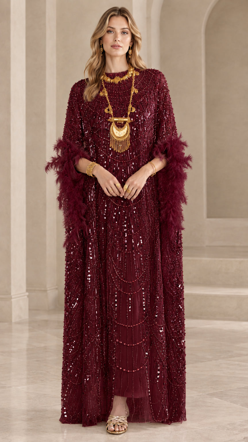 Model wearing burgundy wine red sequin kaftan maxi dress with matching feather trim