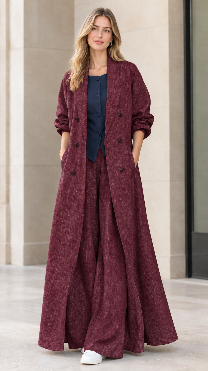 Full-length view of women's burgundy maxi duster coat and wide-leg pants set