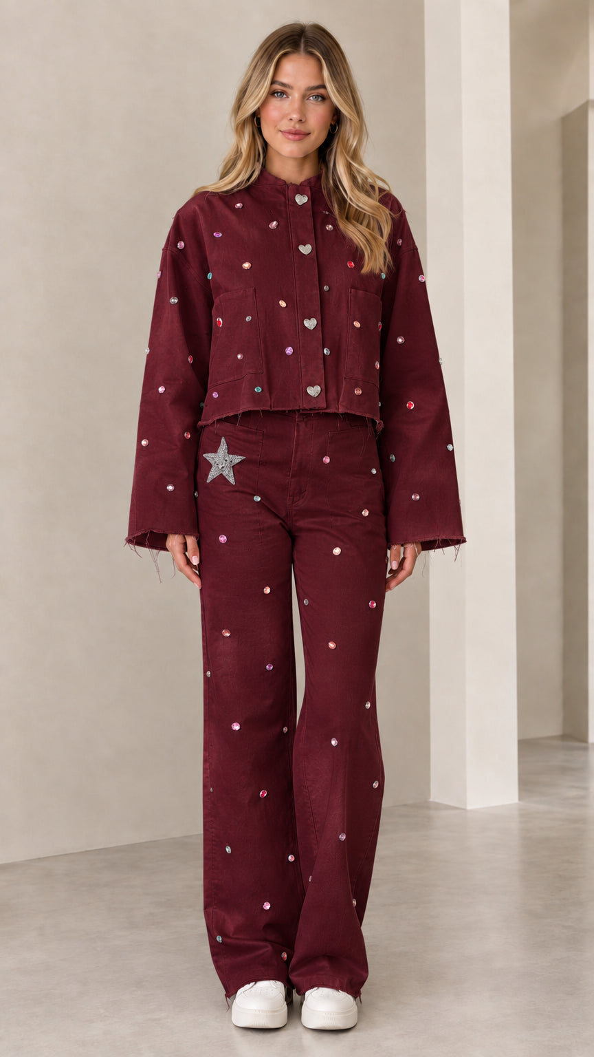 Full front view of burgundy wine rhinestone embellished two-piece matching set