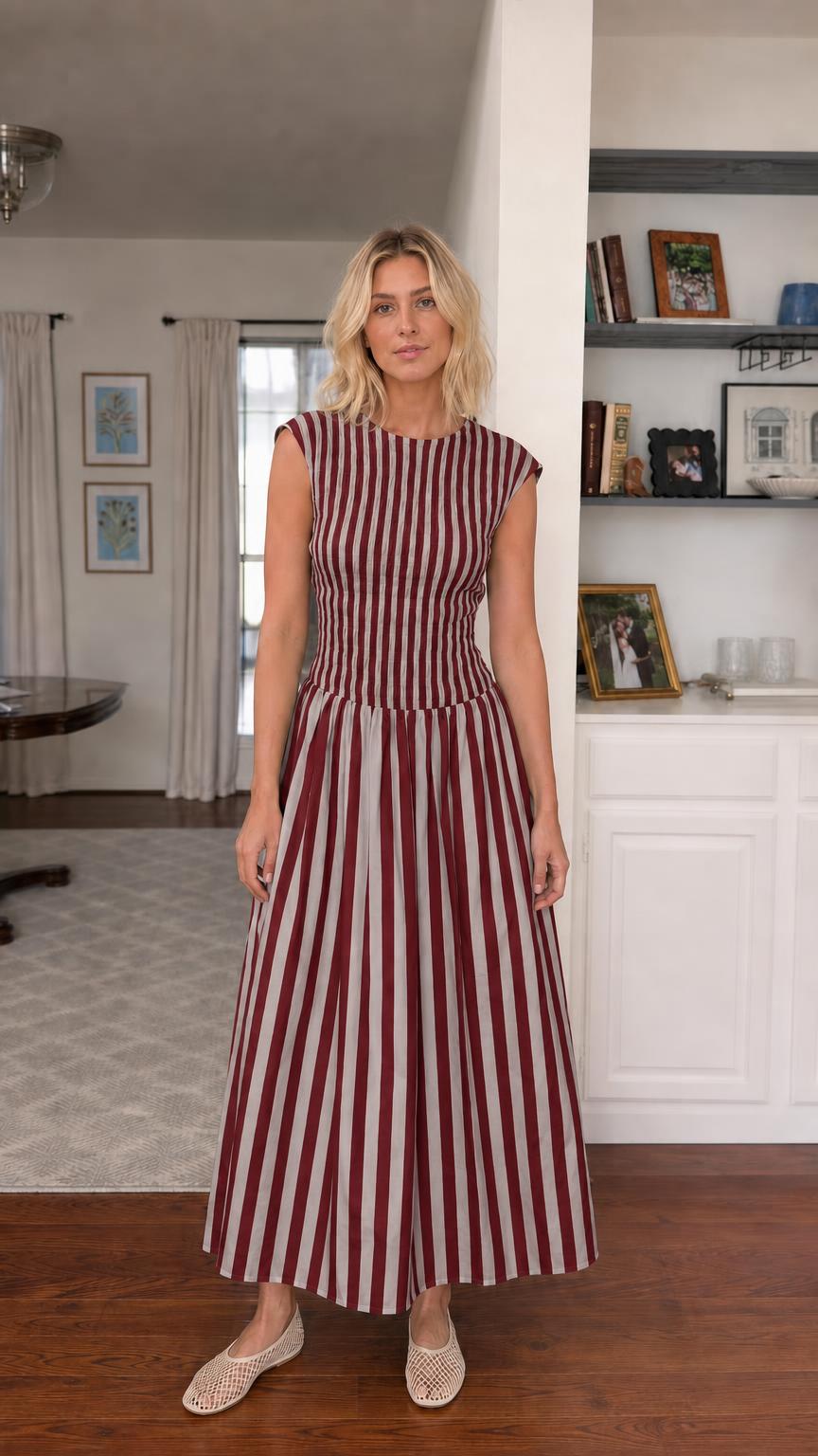 Front view of burgundy striped smocked maxi dress variant