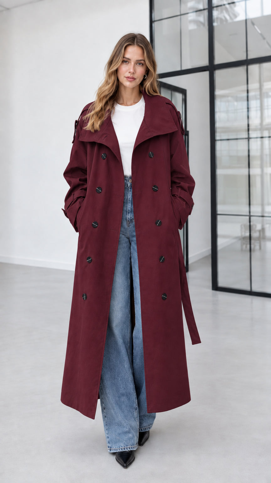 Full-length view of model wearing burgundy double-breasted long trench coat