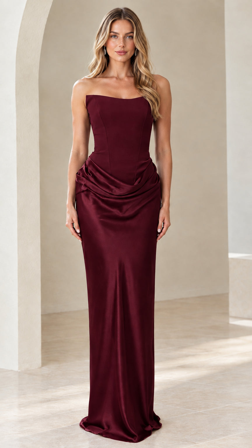 Burgundy wine red strapless draped satin maxi dress front view