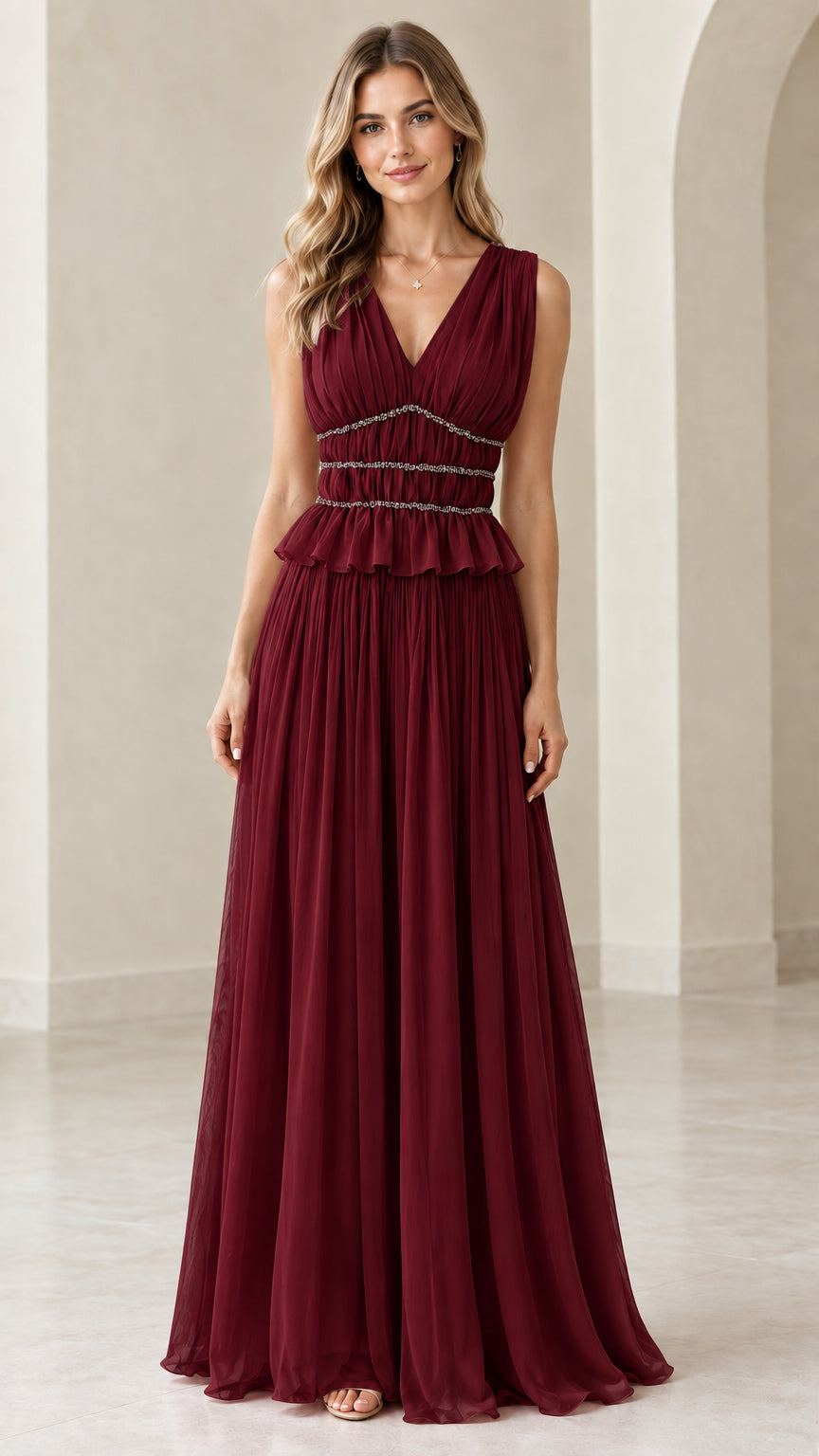 Front view of burgundy red sleeveless pleated formal maxi dress