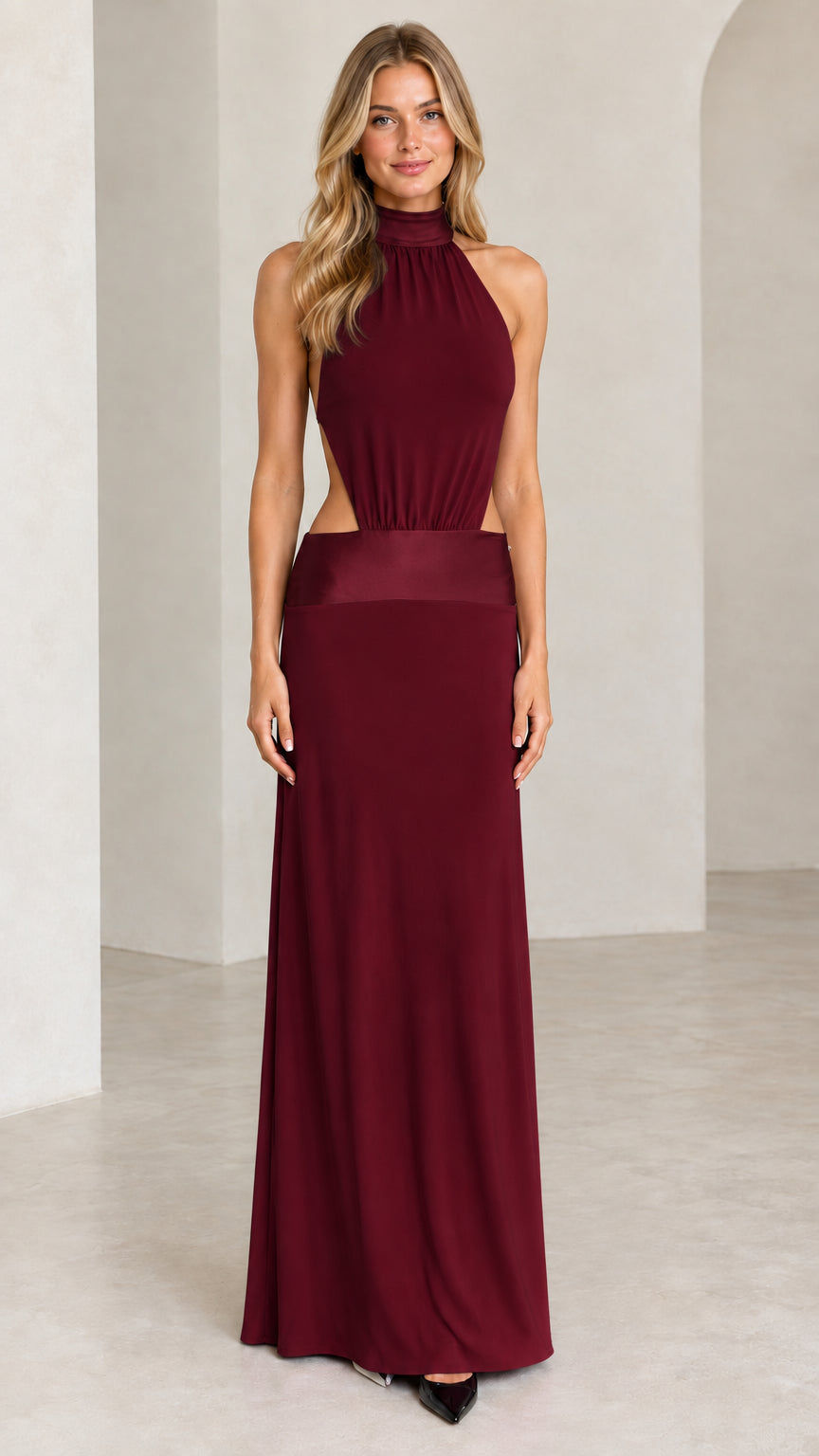 Burgundy high neck halter cutout maxi dress front view