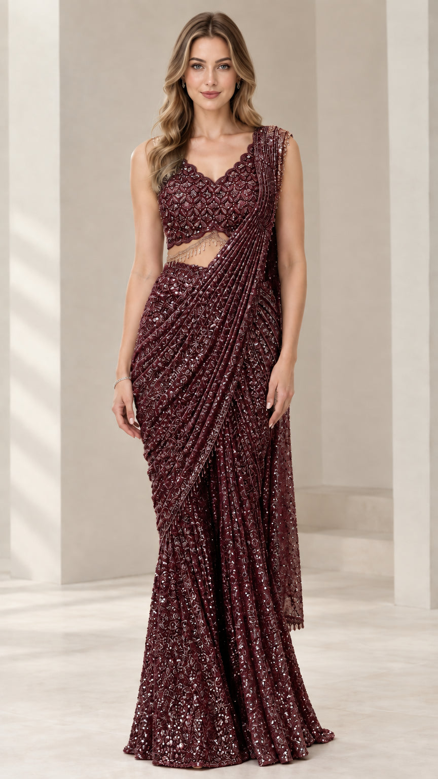 Burgundy wine embellished pre-draped saree gown front view