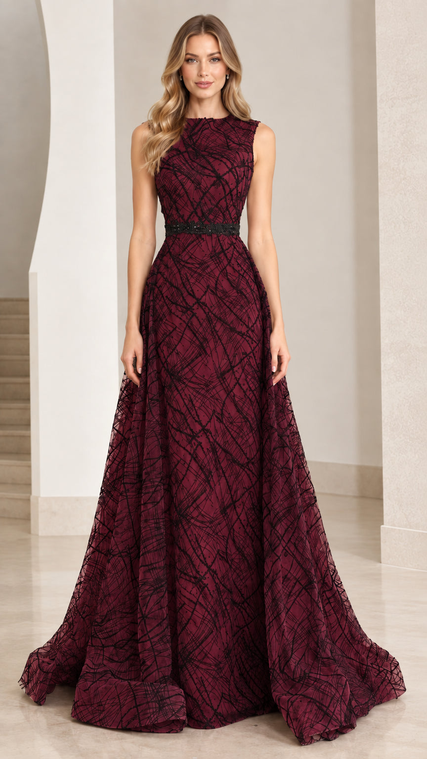 Front view of burgundy wine red floor-length abstract linear evening gown