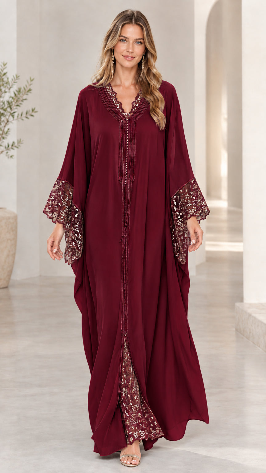 Model wearing burgundy red elegant lace-trim caftan maxi dress