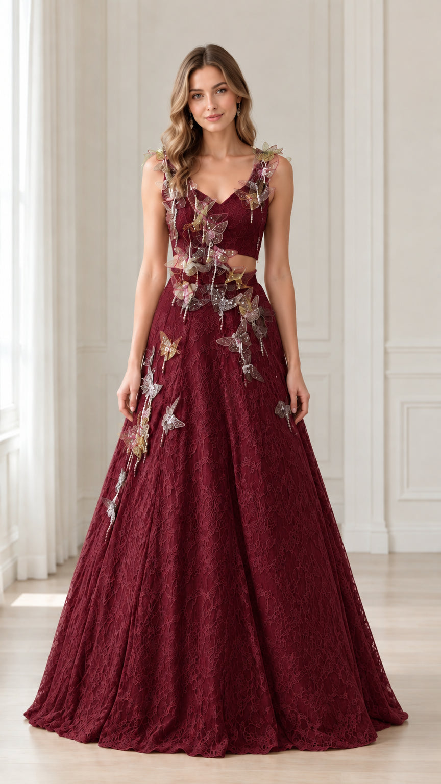 Front view of woman wearing Burgundy 3D butterfly lace cutout evening gown
