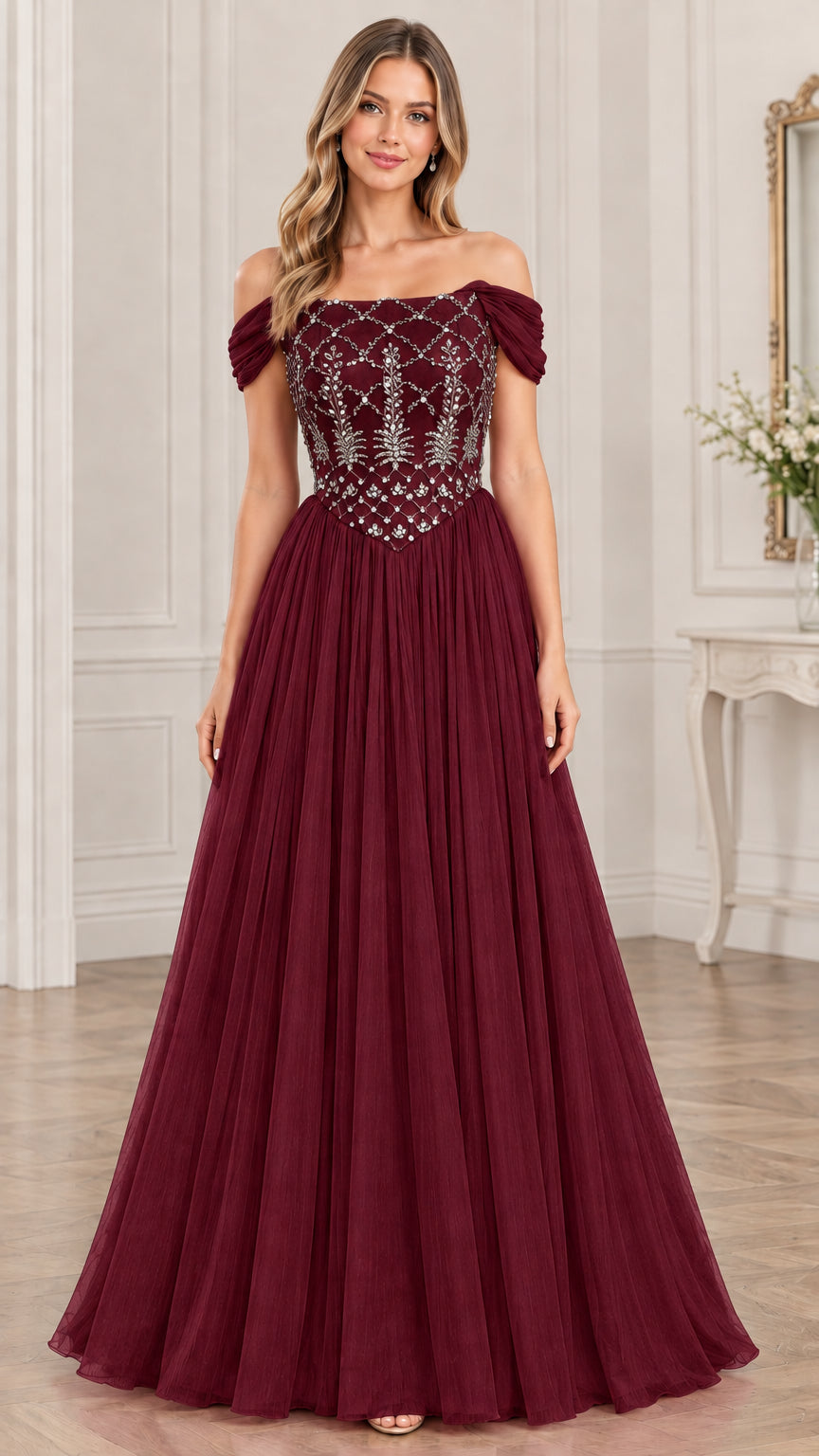 Model wearing burgundy red off-the-shoulder beaded formal gown