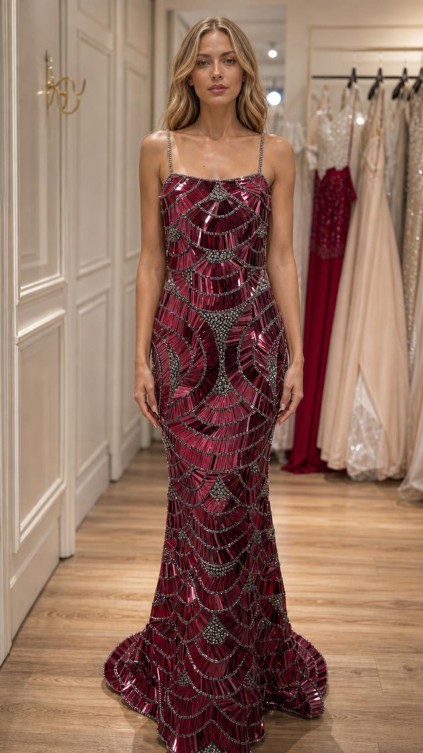 Model wearing burgundy sequin beaded mermaid evening dress
