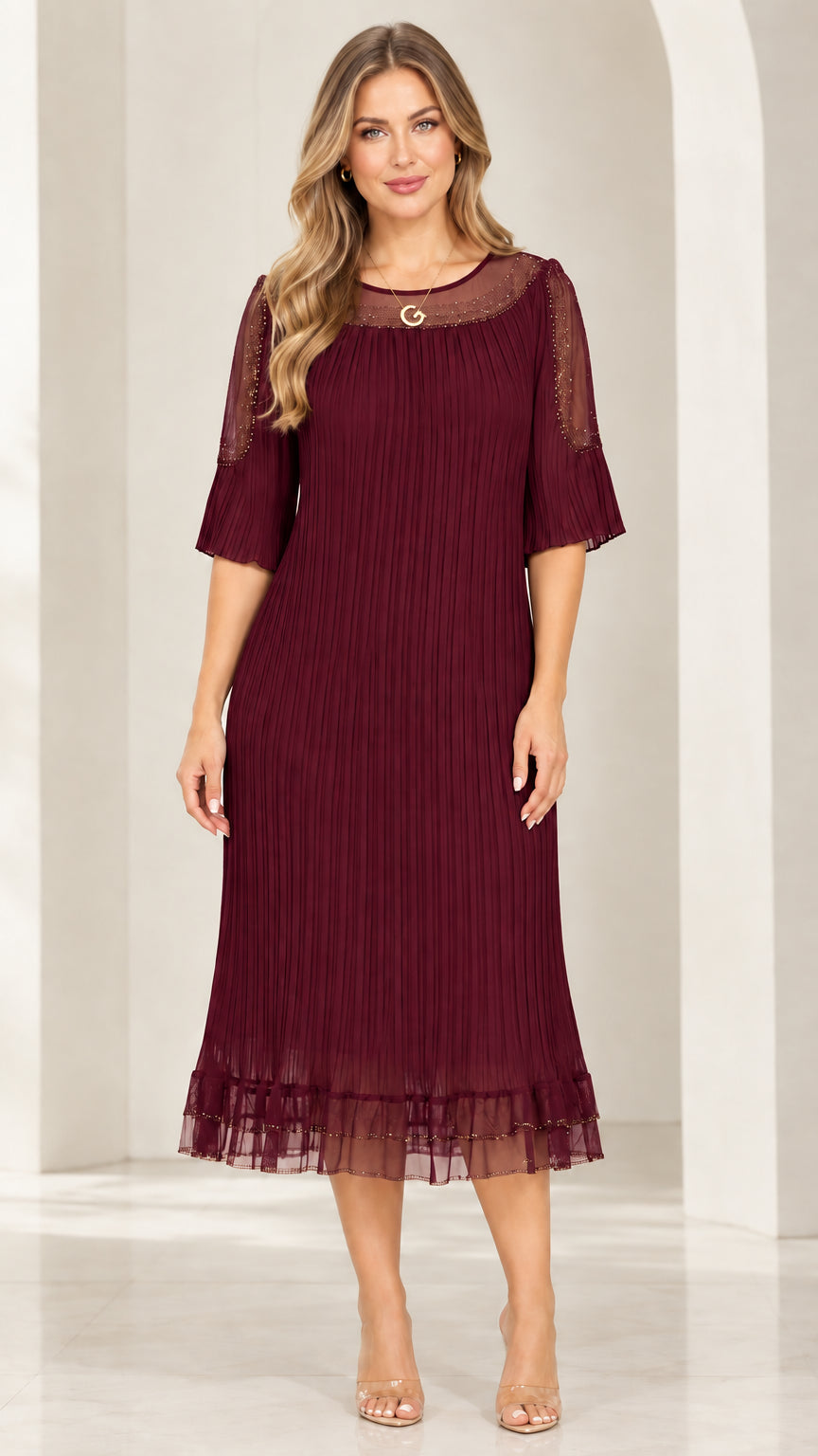 Front view of woman wearing Burgundy rhinestone pleated midi dress