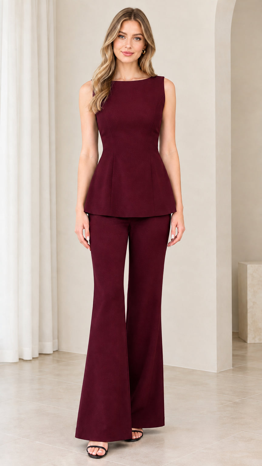 Burgundy wine sleeveless peplum top and tailored flare pant set