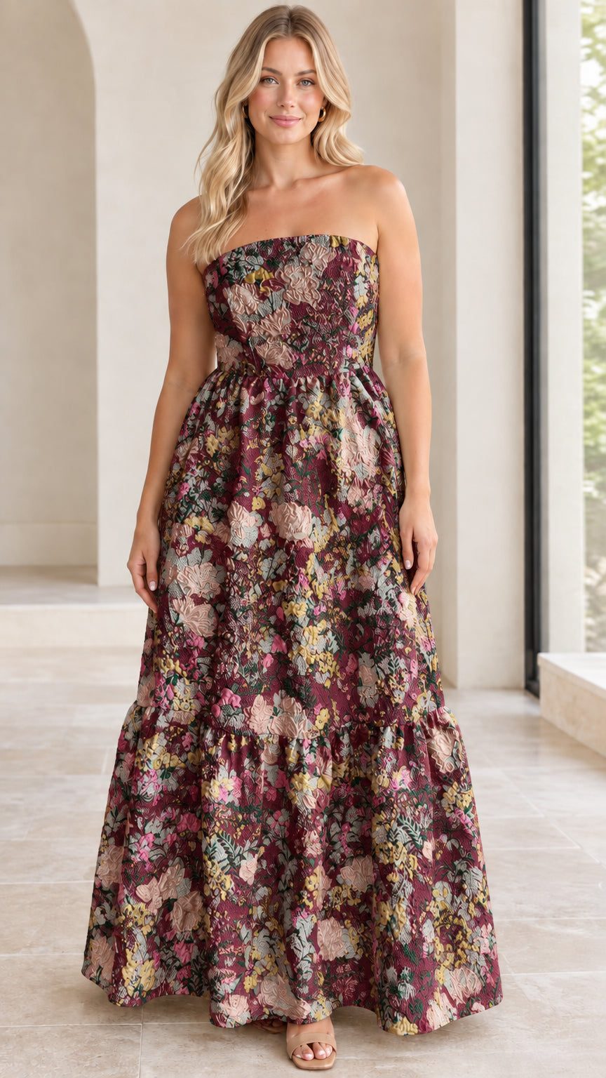 Front full view of strapless floral jacquard maxi dress in burgundy wine
